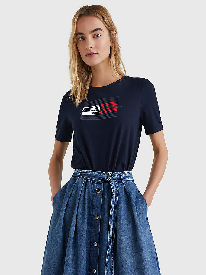 blue pure organic cotton signature logo t-shirt for women tommy hilfiger