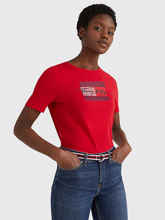 rood katoenen t-shirt met signature-logo voor women - tommy hilfiger