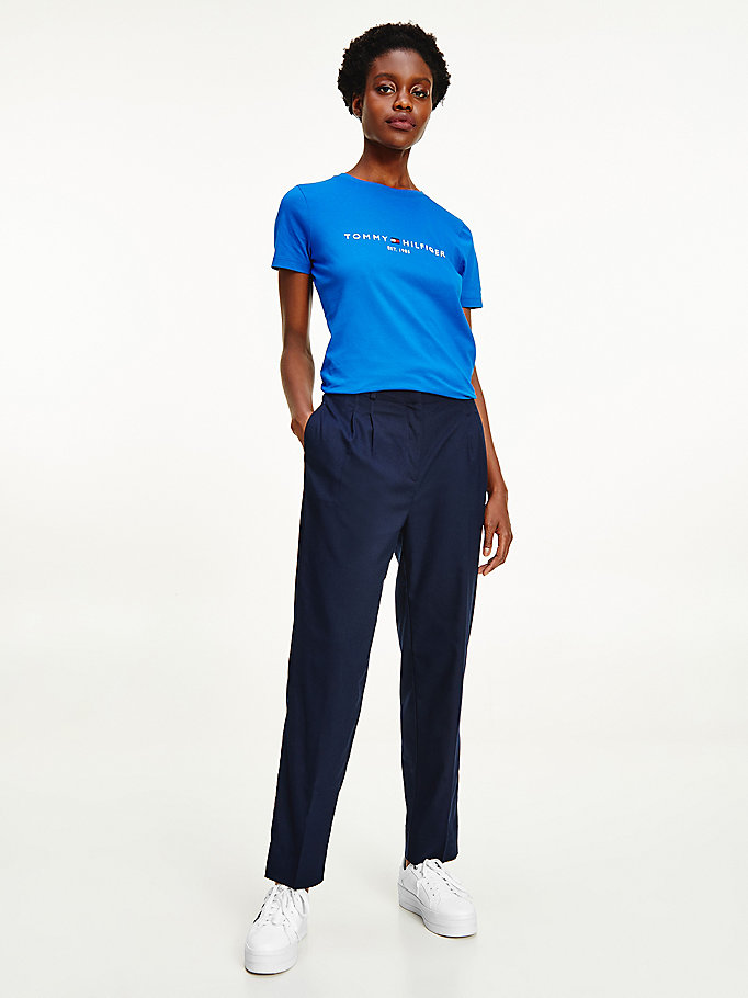 blue flannel pleated tapered fit trousers for women tommy hilfiger