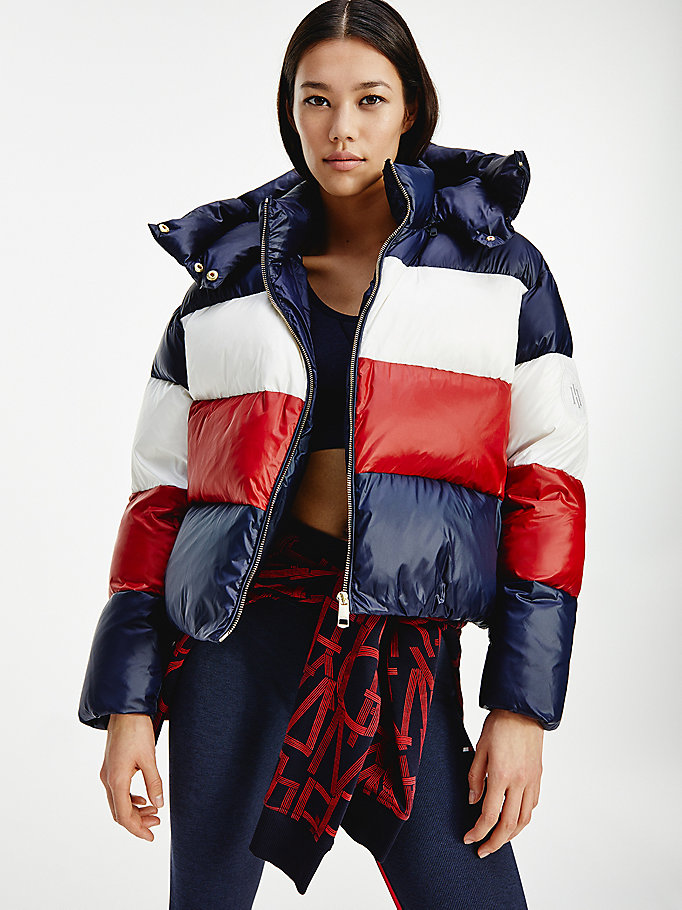 blue th protect colour-blocked down puffer jacket for women tommy hilfiger
