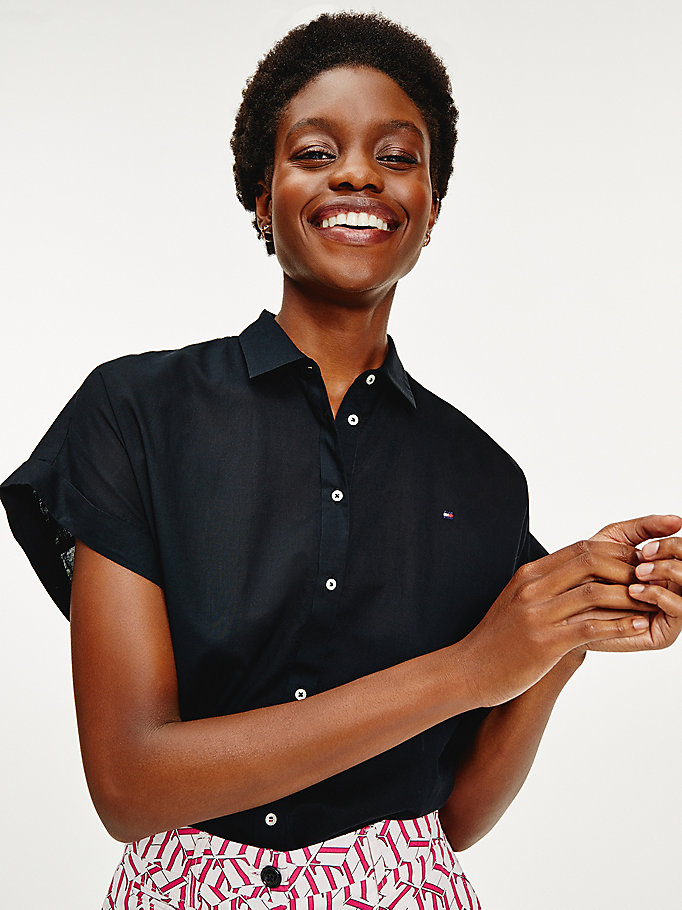 black cotton voile relaxed short sleeve shirt for women tommy hilfiger
