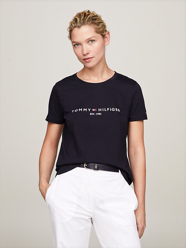 blue biologisch katoenen t-shirt met logo voor dames - tommy hilfiger