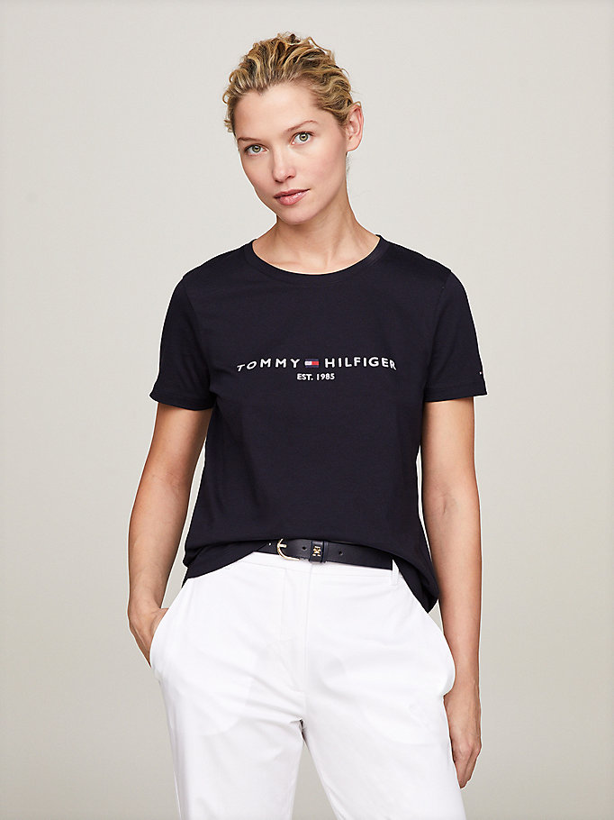 blue organic cotton logo t-shirt for women tommy hilfiger
