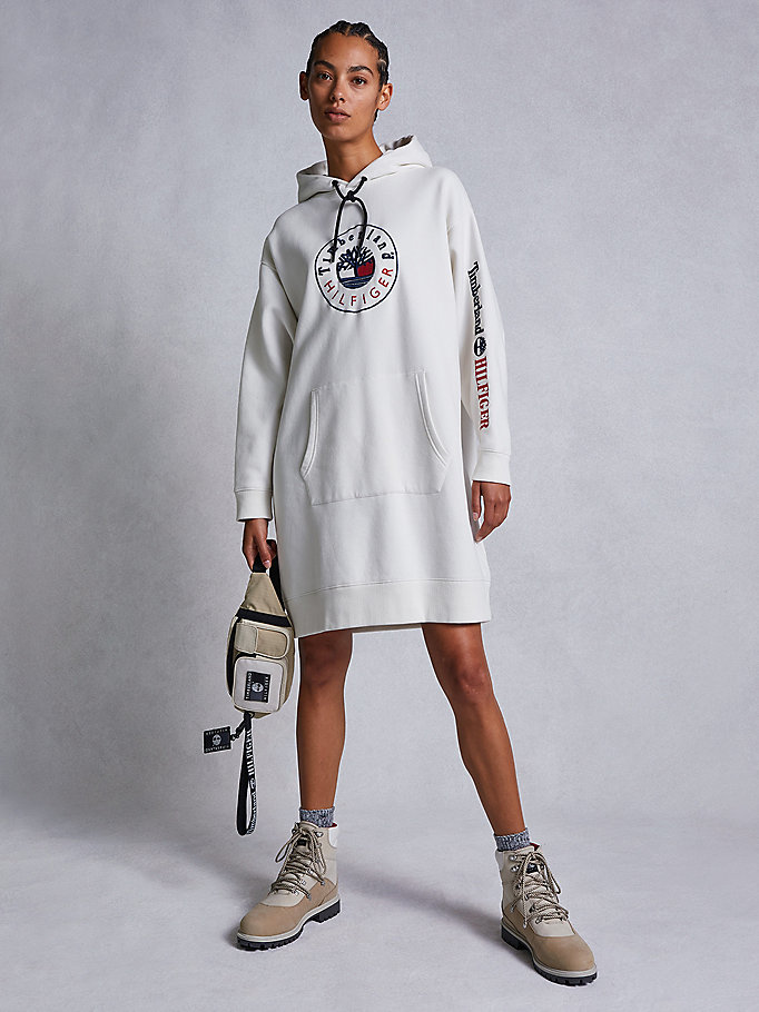 white tommyxtimberland logo hoody dress for women tommy hilfiger