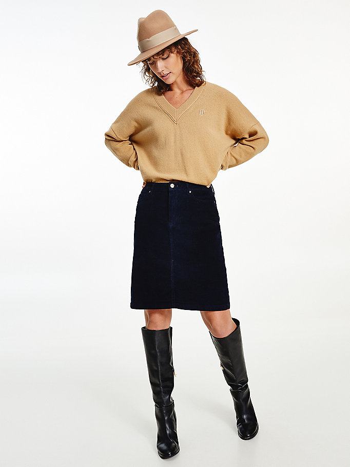 blue straight high rise corduroy skirt for women tommy hilfiger