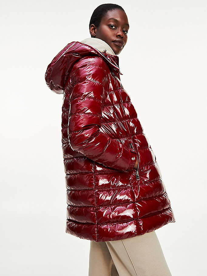 red glossy high loft puffer coat for women tommy hilfiger