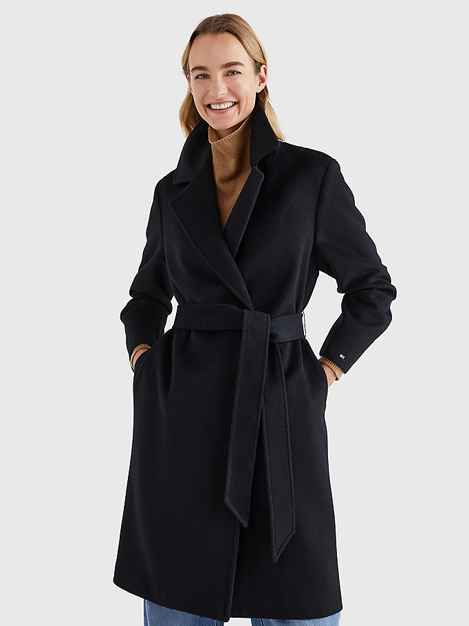 black wool blend belted coat for women tommy hilfiger