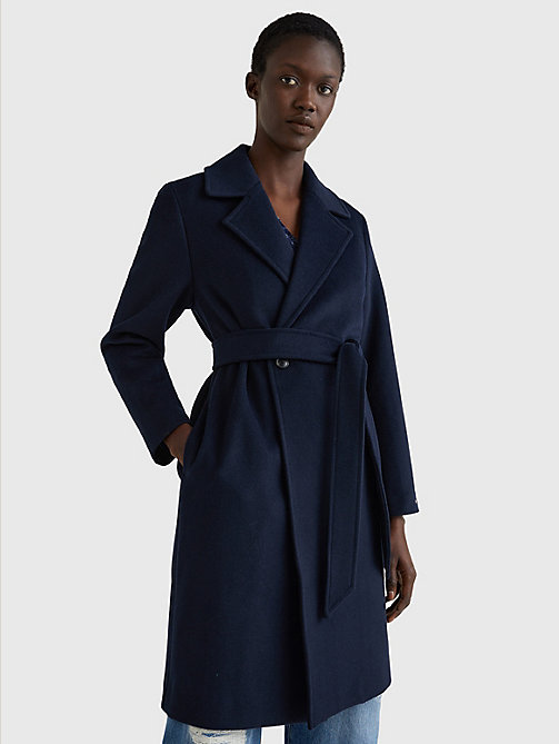 blue belted midi-length coat for women tommy hilfiger