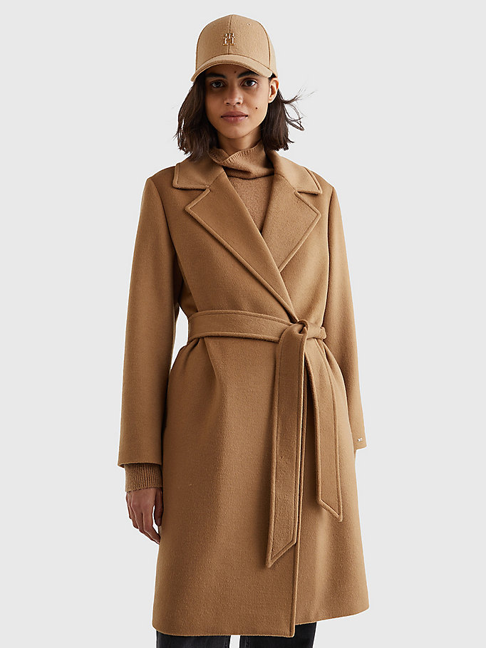 brown wool blend belted coat for women tommy hilfiger