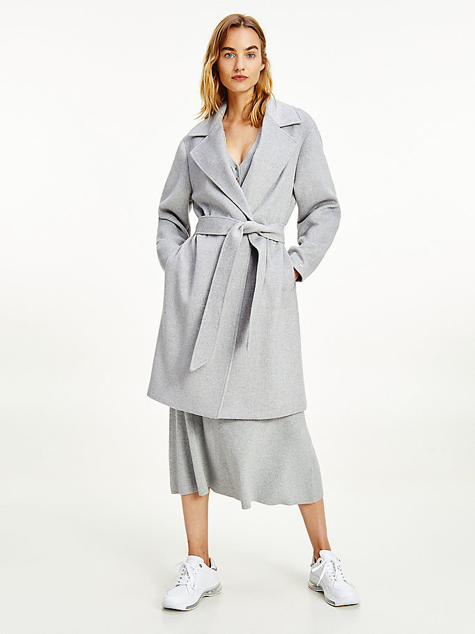 grey wool blend belted coat for women tommy hilfiger