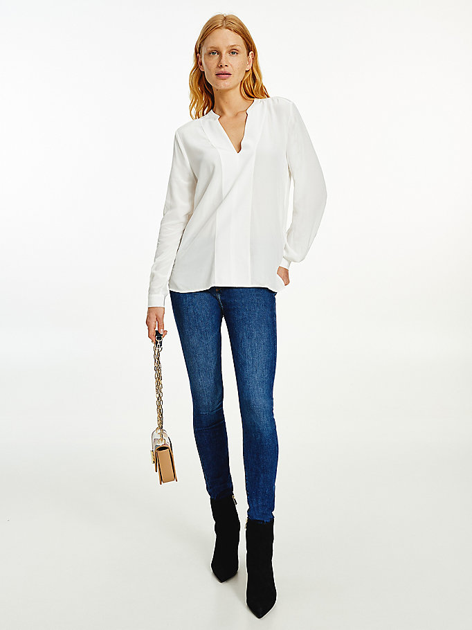 white viscose v-neck regular fit blouse for women tommy hilfiger