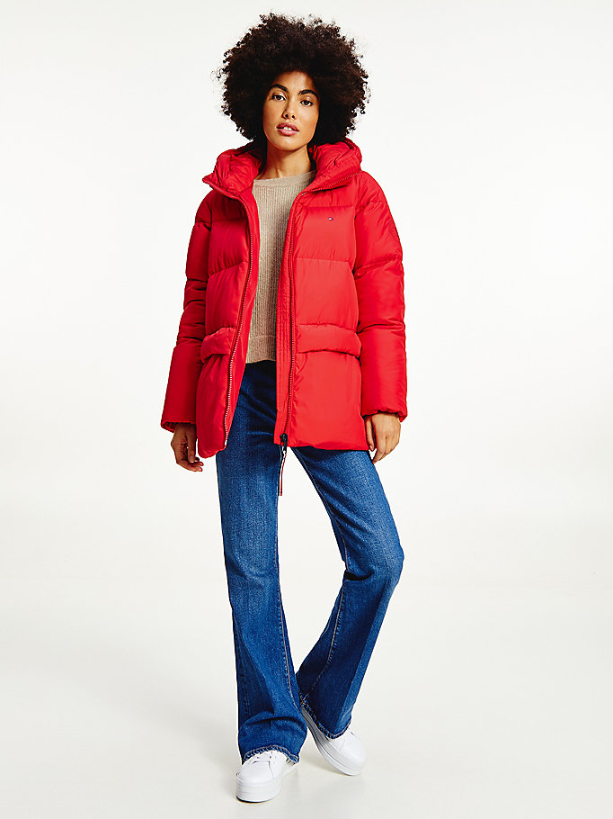 red essential th protect padded logo coat for women tommy hilfiger