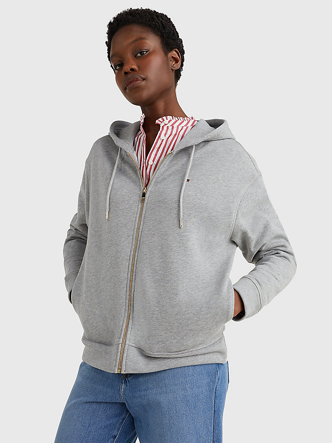 grey organic cotton relaxed fit zip-thru hoody for women tommy hilfiger
