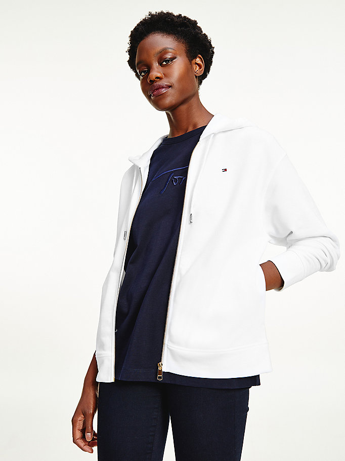 white organic cotton relaxed fit zip-thru hoody for women tommy hilfiger