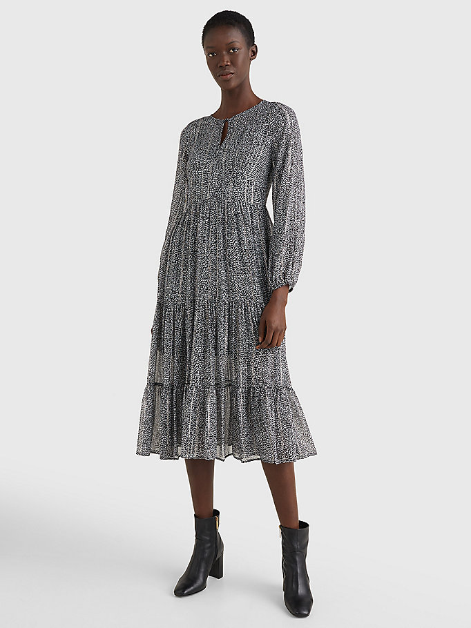 grey viscose chiffon all-over print midi dress for women tommy hilfiger