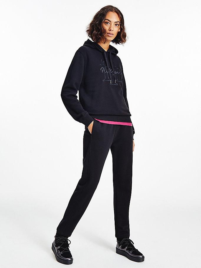 zwart regular fit hoodie met geborduurd monogram voor women - tommy hilfiger