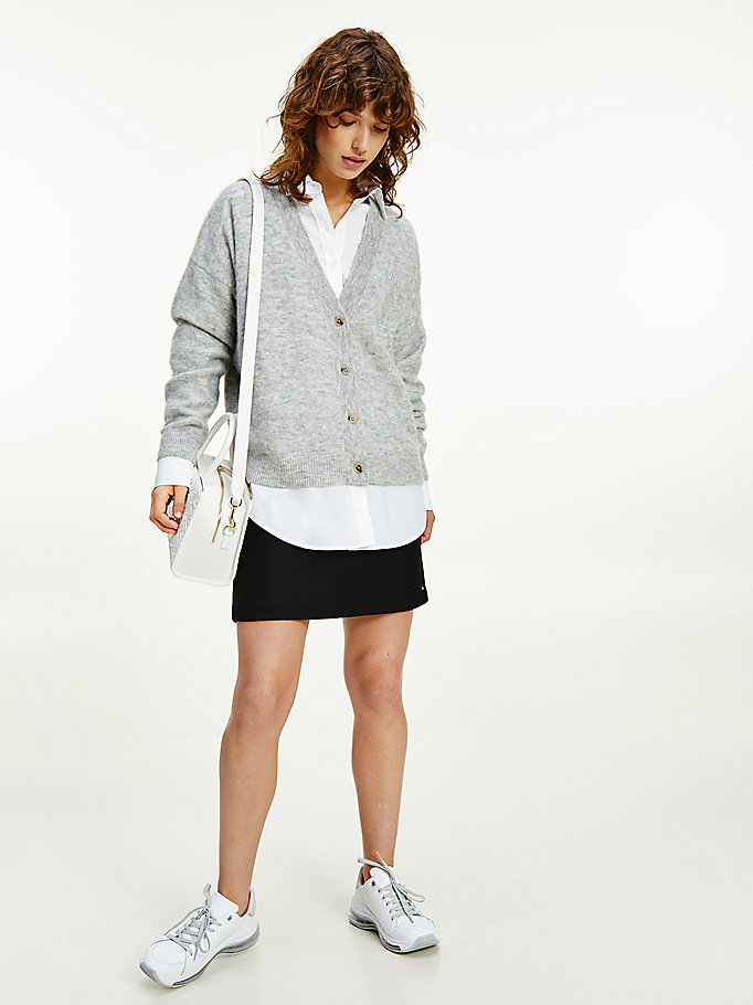 grey monogram embroidery relaxed fit alpaca cardigan for women tommy hilfiger