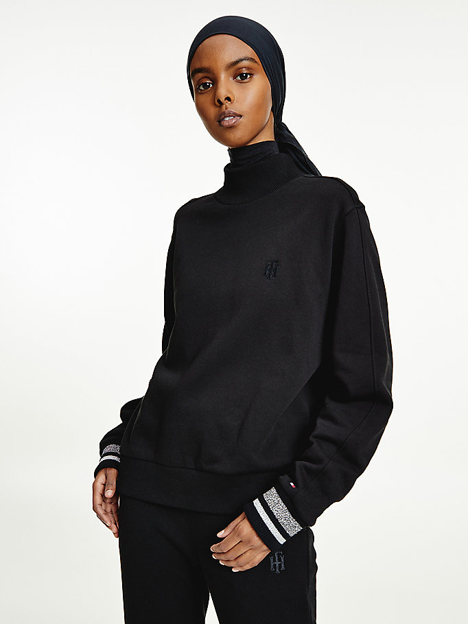 schwarz relaxed fit sweatshirt mit glitzer-bündchen für women - tommy hilfiger