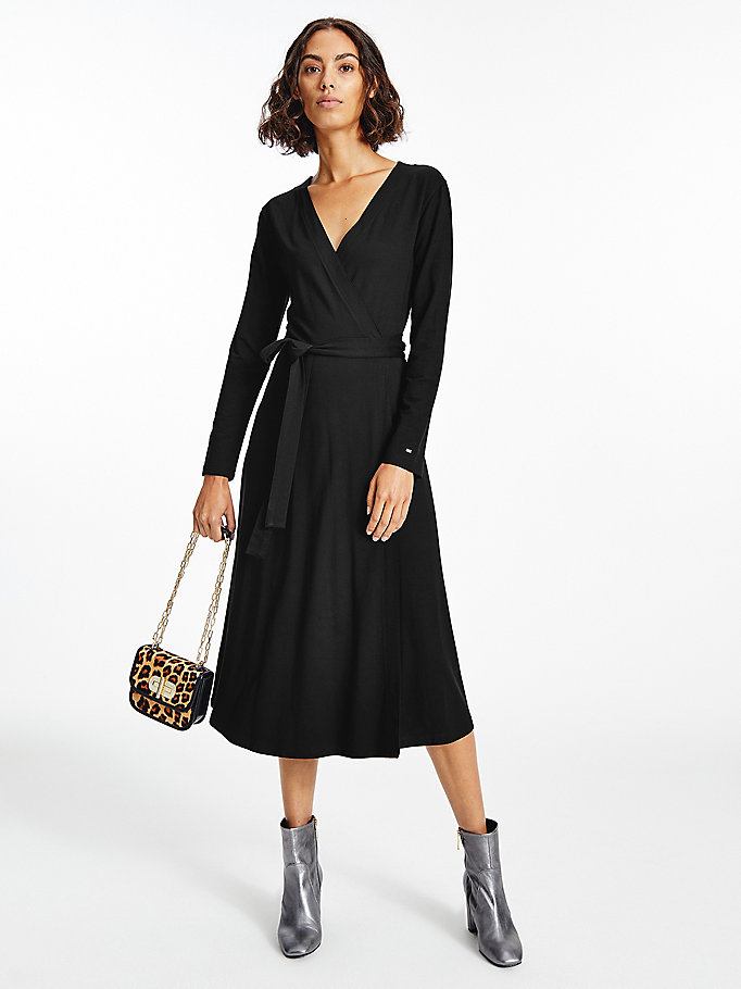 czarny sukienka o kopertowym fasonie dla kobiety - tommy hilfiger
