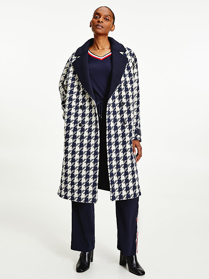 blue recycled wool double breasted houndstooth coat for women tommy hilfiger