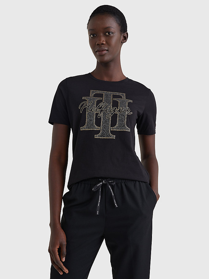 t-shirt in cotone con monogramma in cristalli nero da women tommy hilfiger
