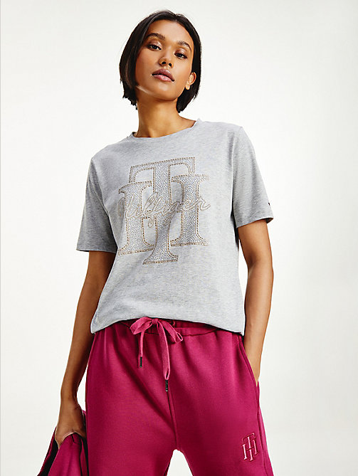 t-shirt in cotone con monogramma in cristalli grigio da women tommy hilfiger