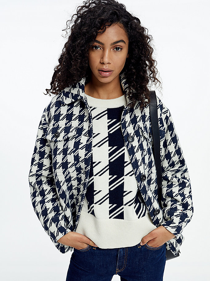 blue recycled wool blend houndstooth shacket for women tommy hilfiger