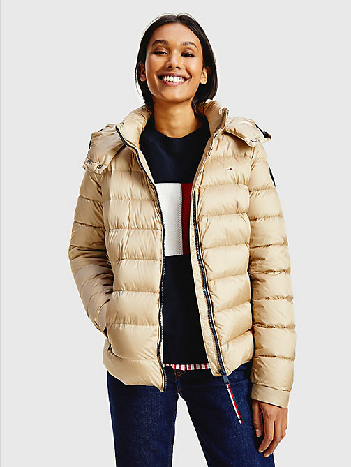 beige th protect high-shine down puffer jacket for women tommy hilfiger