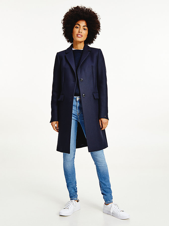 blue essential wool blend single breasted coat for women tommy hilfiger