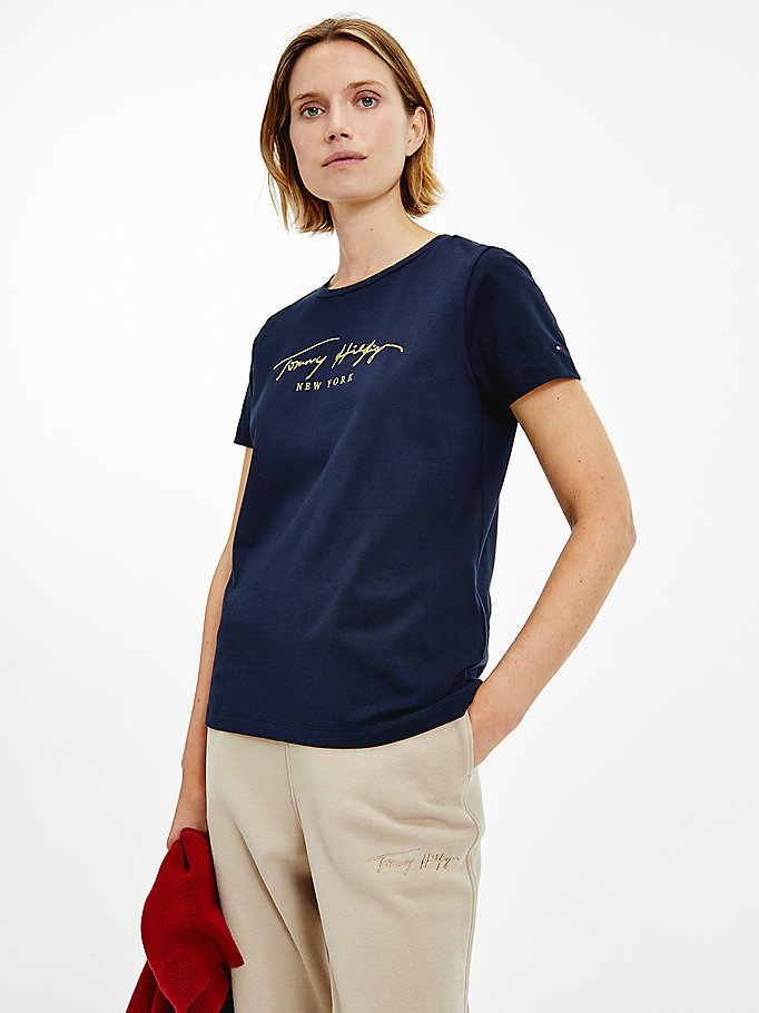 blue metallic logo embroidery t-shirt for women tommy hilfiger