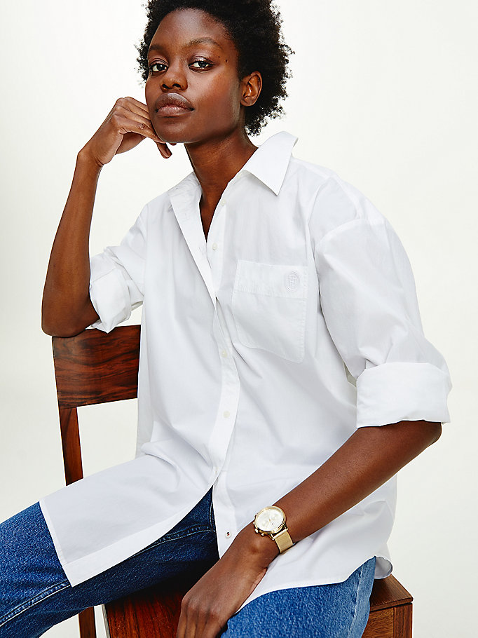 wit relaxed fit biologisch katoenen poplin blouse voor dames - tommy hilfiger
