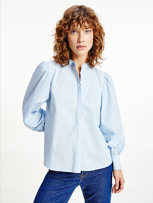 blue ruffled mandarin collar relaxed fit blouse for women tommy hilfiger