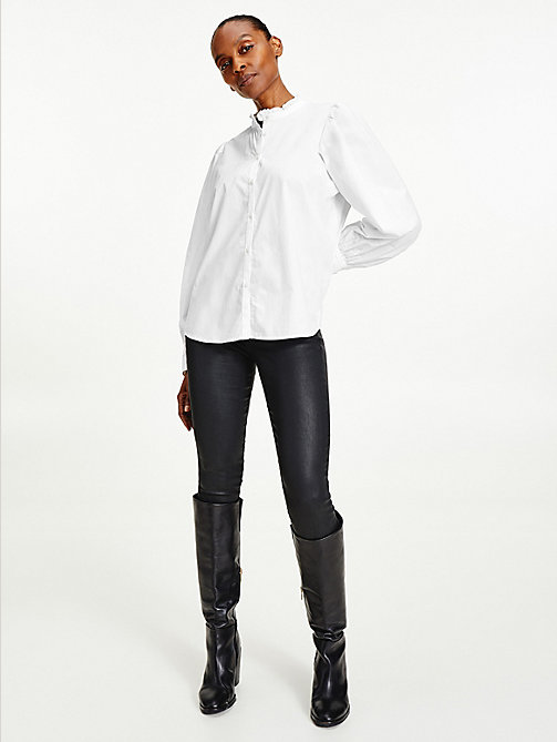 white ruffled mandarin collar relaxed fit blouse for women tommy hilfiger