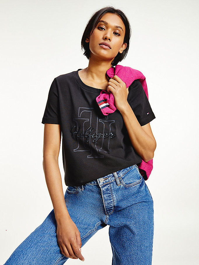 schwarz t-shirt aus bio-baumwolle mit signatur-logo für women - tommy hilfiger