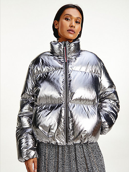 grey gloss foil down-filled puffer jacket for women tommy hilfiger