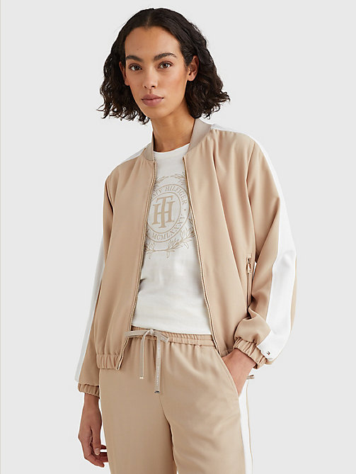 beige colour-blocked relaxed fit bomberjack voor dames - tommy hilfiger