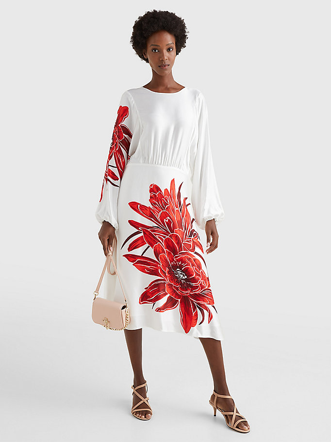 Silky Floral Print Midi Dress | WHITE ...