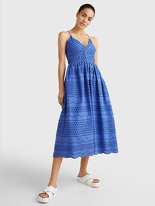 blue broderie anglaise fit and flare dress for women tommy hilfiger