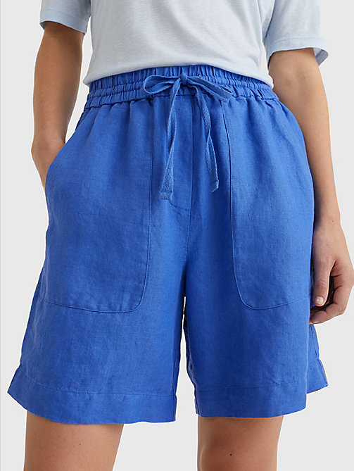 pantalón corto de lino y corte amplio azul de mujer tommy hilfiger