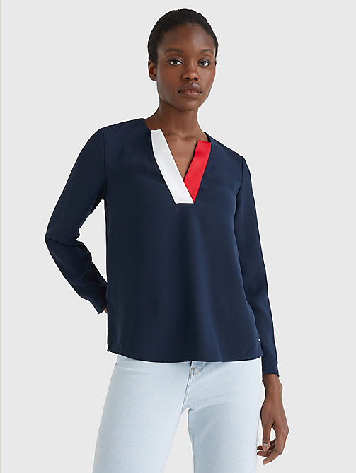 blau regular fit krepp-bluse mit v-ausschnitt für damen - tommy hilfiger