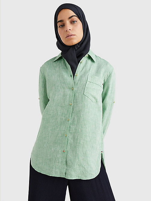 green linen longline relaxed fit shirt for women tommy hilfiger