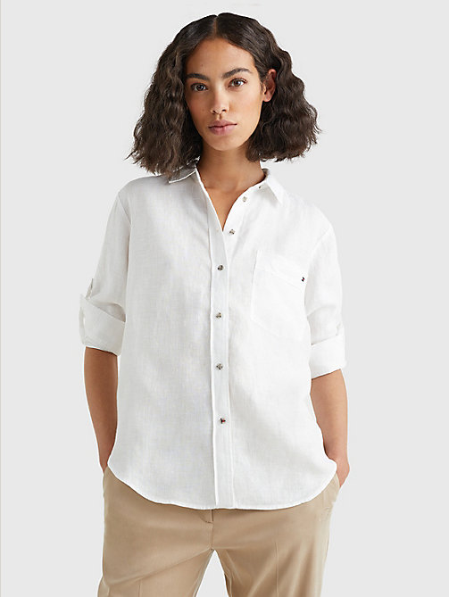 wit relaxed fit longline overhemd van linnen voor women - tommy hilfiger