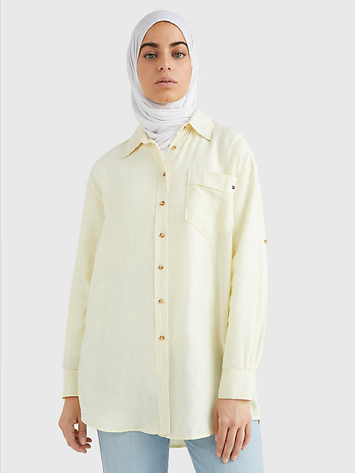 yellow linen longline relaxed fit shirt for women tommy hilfiger