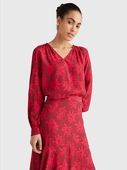 pink v-neck floral print regular fit blouse for women tommy hilfiger