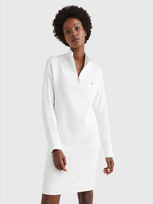 white organic cotton relaxed fit half-zip dress for women tommy hilfiger