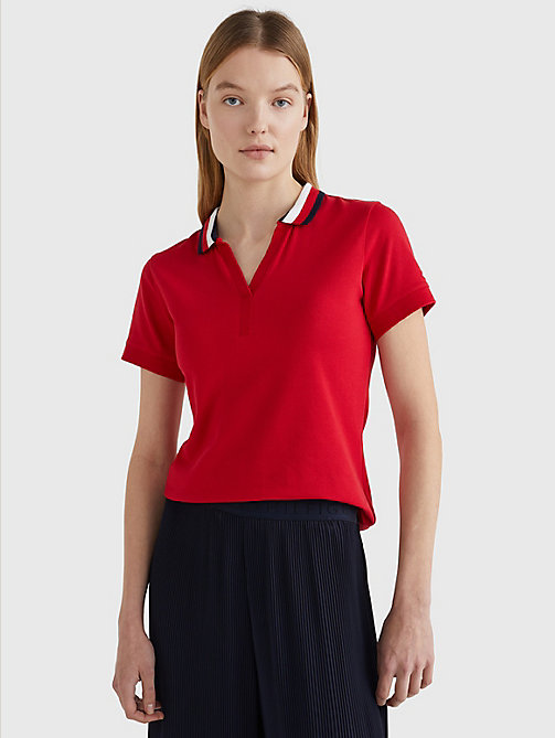 red contrast collar slim fit polo top for women tommy hilfiger