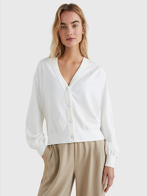 white puff sleeve relaxed fit cardigan for women tommy hilfiger