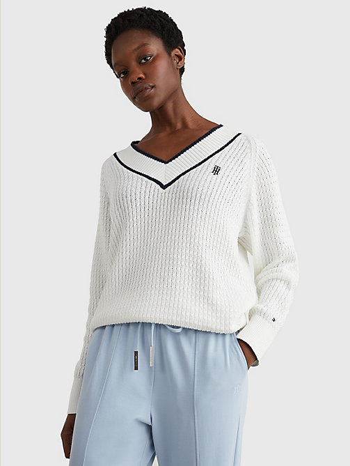 white relaxed fit cable knit jumper for women tommy hilfiger