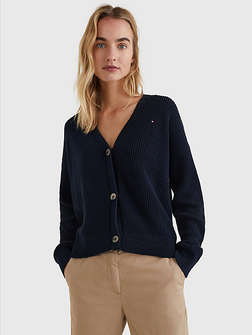blue organic cotton v-neck relaxed fit cardigan for women tommy hilfiger