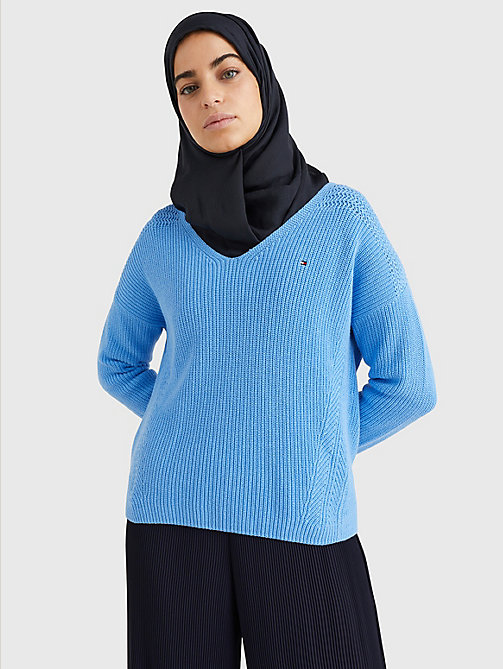blau relaxed fit pullover mit kontrast-webung für damen - tommy hilfiger